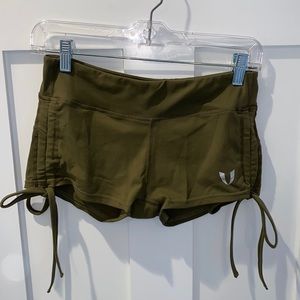 Bootie shorts, side drawstrings, dark green, women’s size small, brand: firm abs